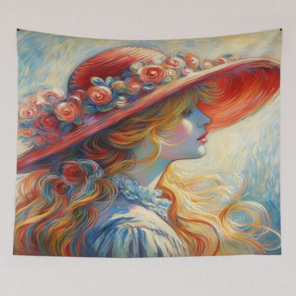 Item preview, Elegance in profile: A woman with blonde hair and a red hat in the impressionist style of Monet designed and sold by FotoworldEdel.
