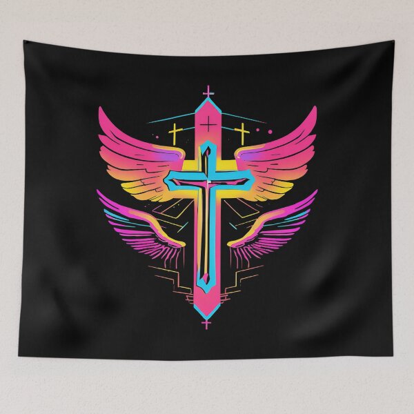 Item preview, Cool Surrealist Cross with Wings | Vibrant Synthwave Religious Iconography | Divine Symbolism Design D1 designed and sold by pixelandcrafted.