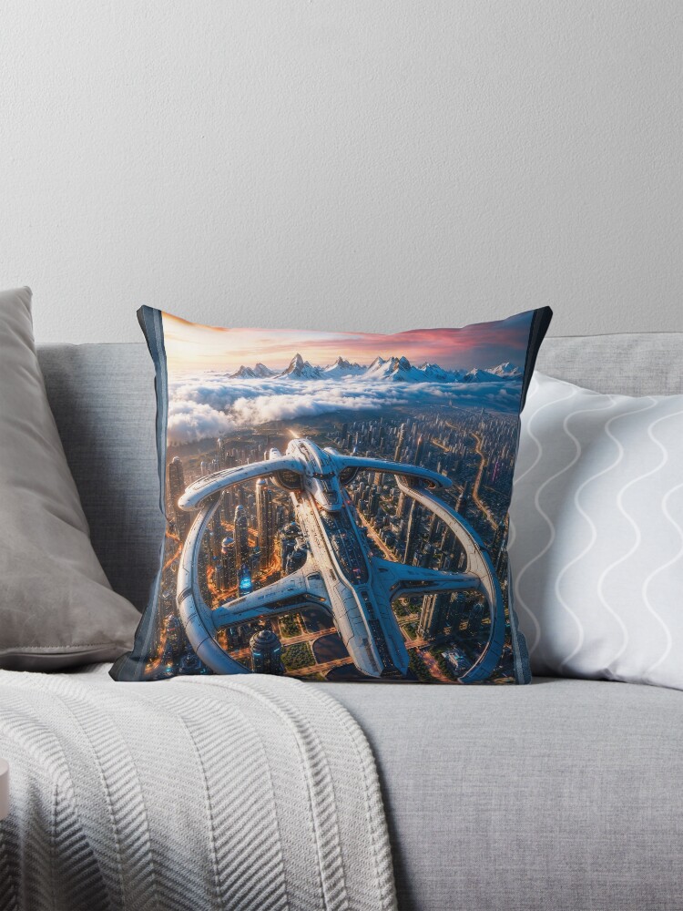 The Proprious Futuristic Aerospace Craft Over The Zellin Metropolis Astounding AI Concept Art by Xzendor7 Decorative Art Print Throw Pillow