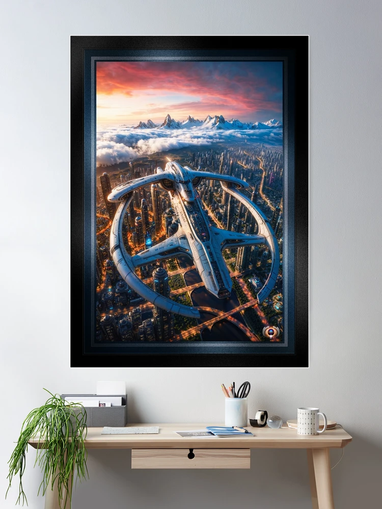The Proprious Futuristic Aerospace Craft Over The Zellin Metropolis Astounding AI Concept Art by Xzendor7 Wall Decor Poster Art Print