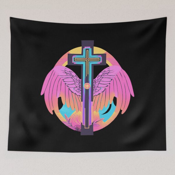 Item preview, Cool Surrealist Cross with Wings | Vibrant Synthwave Religious Iconography | Divine Symbolism Design D5 designed and sold by pixelandcrafted.