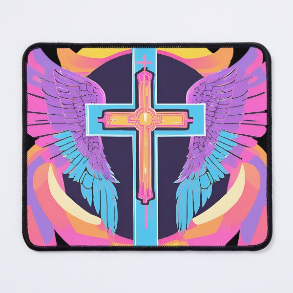 Item preview, Cool Surrealist Cross with Wings | Vibrant Synthwave Religious Iconography | Divine Symbolism Design D6 designed and sold by pixelandcrafted.