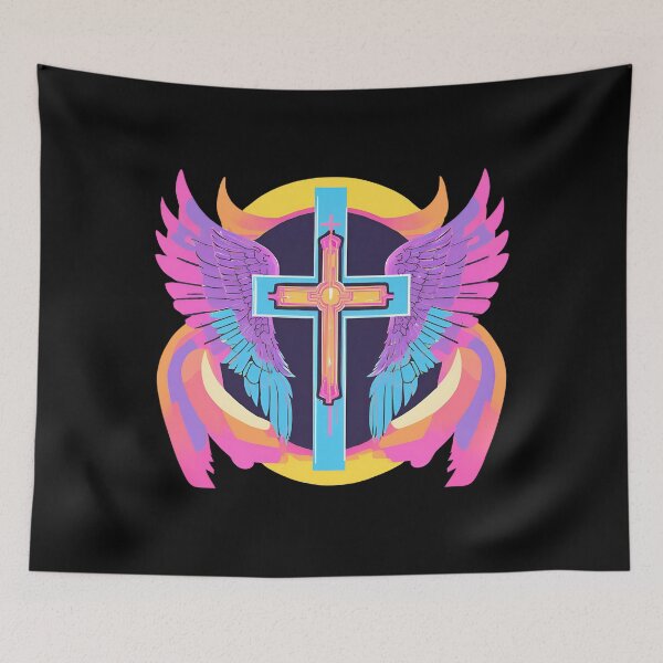 Item preview, Cool Surrealist Cross with Wings | Vibrant Synthwave Religious Iconography | Divine Symbolism Design D6 designed and sold by pixelandcrafted.