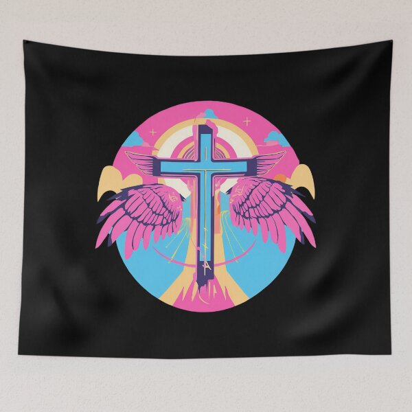 Item preview, Cool Surrealist Cross with Wings | Vibrant Synthwave Religious Iconography | Divine Symbolism Design D7 designed and sold by pixelandcrafted.