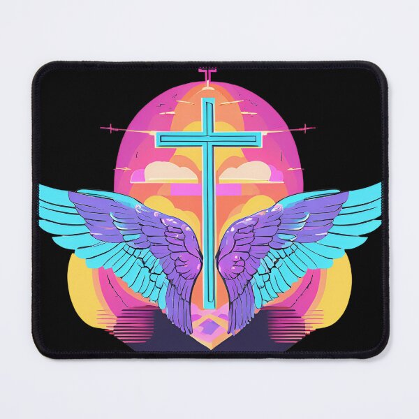 Item preview, Cool Surrealist Cross with Wings | Vibrant Synthwave Religious Iconography | Divine Symbolism Design D8 designed and sold by pixelandcrafted.