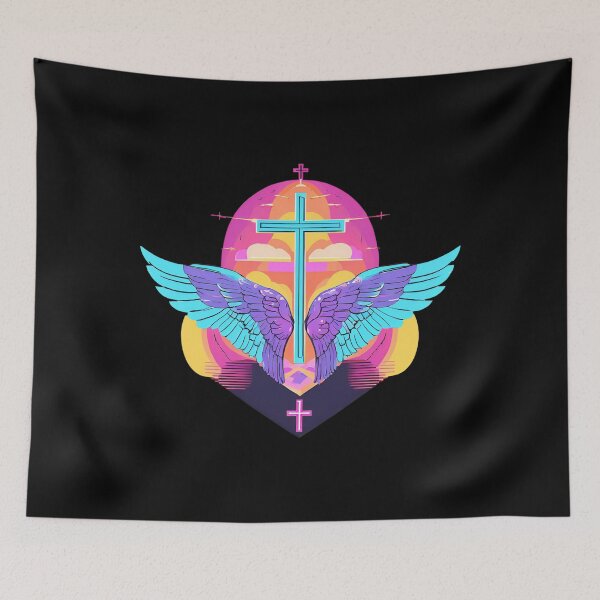 Item preview, Cool Surrealist Cross with Wings | Vibrant Synthwave Religious Iconography | Divine Symbolism Design D8 designed and sold by pixelandcrafted.
