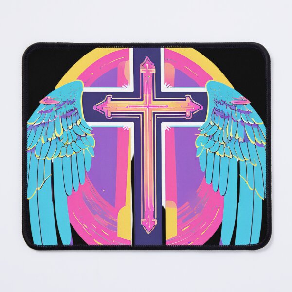 Item preview, Cool Surrealist Cross with Wings | Vibrant Synthwave Religious Iconography | Divine Symbolism Design D9 designed and sold by pixelandcrafted.