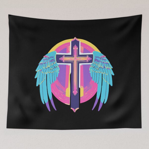 Item preview, Cool Surrealist Cross with Wings | Vibrant Synthwave Religious Iconography | Divine Symbolism Design D9 designed and sold by pixelandcrafted.