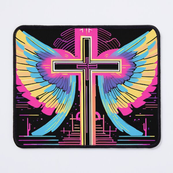 Item preview, Cool Surrealist Cross with Wings | Vibrant Synthwave Religious Iconography | Divine Symbolism Design D10 designed and sold by pixelandcrafted.