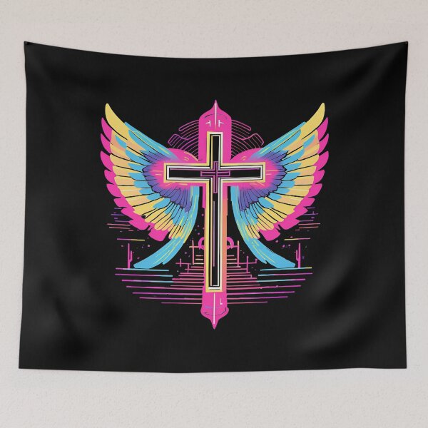 Item preview, Cool Surrealist Cross with Wings | Vibrant Synthwave Religious Iconography | Divine Symbolism Design D10 designed and sold by pixelandcrafted.