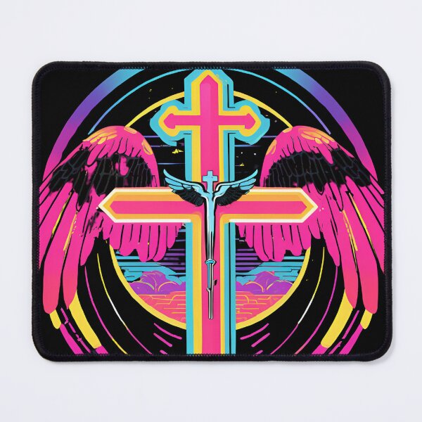 Item preview, Cool Surrealist Cross with Wings | Vibrant Synthwave Religious Iconography | Divine Symbolism Design D11 designed and sold by pixelandcrafted.