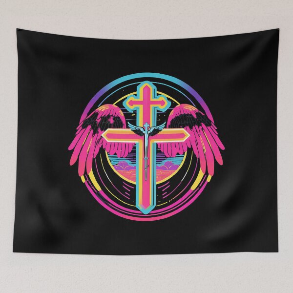 Item preview, Cool Surrealist Cross with Wings | Vibrant Synthwave Religious Iconography | Divine Symbolism Design D11 designed and sold by pixelandcrafted.