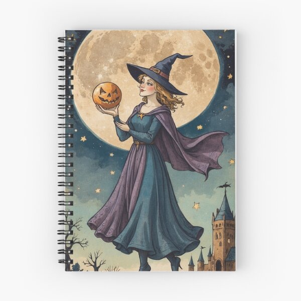 Artikelvorschau, Zauberhafte Hexe mit Kürbis unter Vollmond Halloween Art entworfen und verkauft von ArtifySpace.