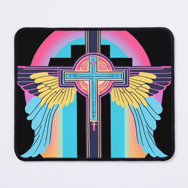 Item preview, Cool Surrealist Cross with Wings | Vibrant Synthwave Religious Iconography | Divine Symbolism Design D13 designed and sold by pixelandcrafted.