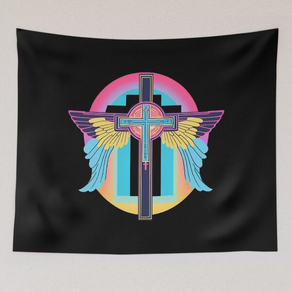 Item preview, Cool Surrealist Cross with Wings | Vibrant Synthwave Religious Iconography | Divine Symbolism Design D13 designed and sold by pixelandcrafted.