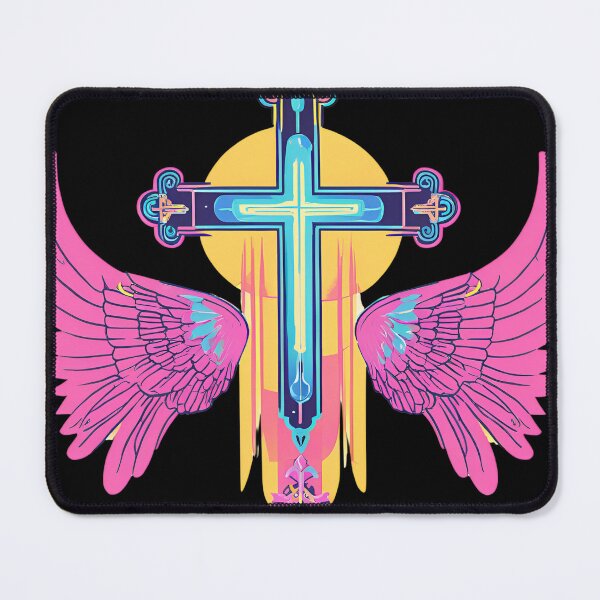 Item preview, Cool Surrealist Cross with Wings | Vibrant Synthwave Religious Iconography | Divine Symbolism Design D14 designed and sold by pixelandcrafted.