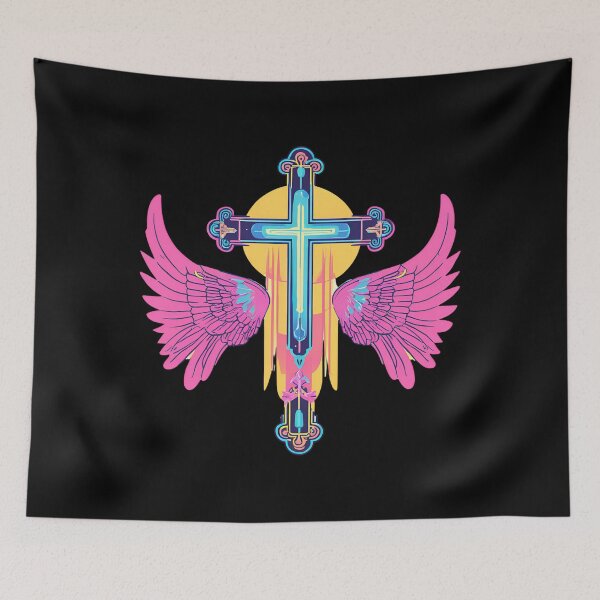 Item preview, Cool Surrealist Cross with Wings | Vibrant Synthwave Religious Iconography | Divine Symbolism Design D14 designed and sold by pixelandcrafted.