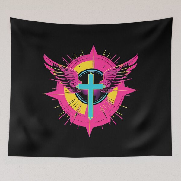 Item preview, Cool Surrealist Cross with Wings | Vibrant Synthwave Religious Iconography | Divine Symbolism Design D15 designed and sold by pixelandcrafted.