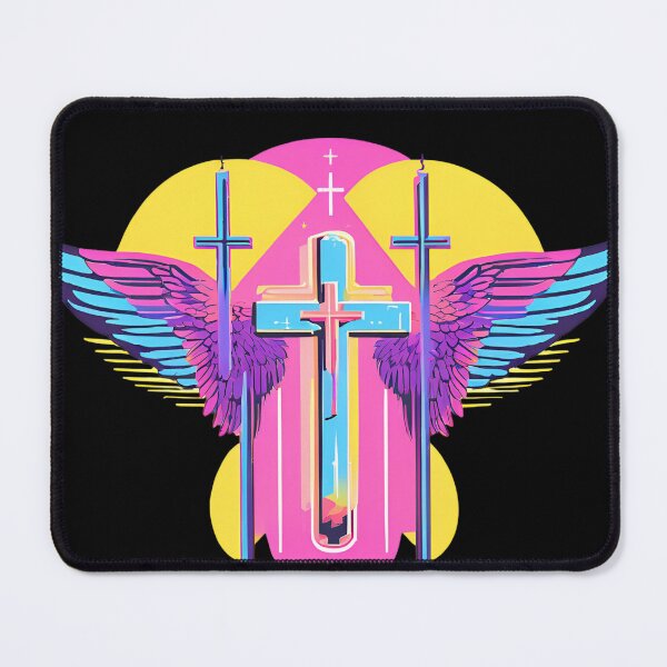 Item preview, Cool Surrealist Cross with Wings | Vibrant Synthwave Religious Iconography | Divine Symbolism Design D17 designed and sold by pixelandcrafted.