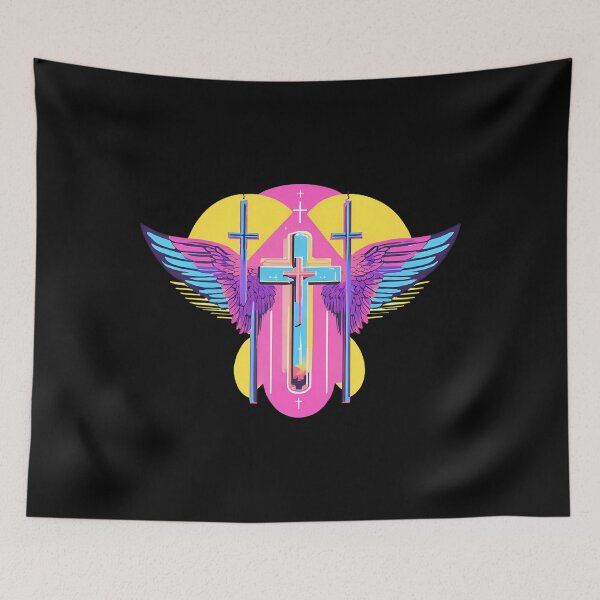 Item preview, Cool Surrealist Cross with Wings | Vibrant Synthwave Religious Iconography | Divine Symbolism Design D17 designed and sold by pixelandcrafted.
