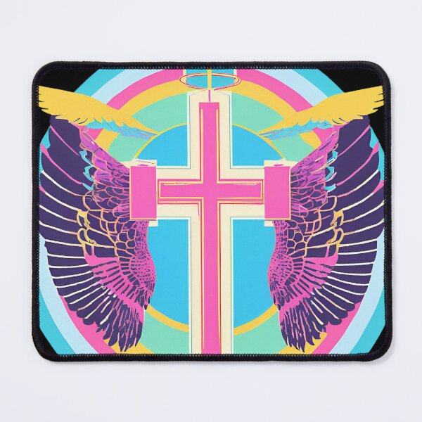 Item preview, Cool Surrealist Cross with Wings | Vibrant Synthwave Religious Iconography | Divine Symbolism Design D18 designed and sold by pixelandcrafted.