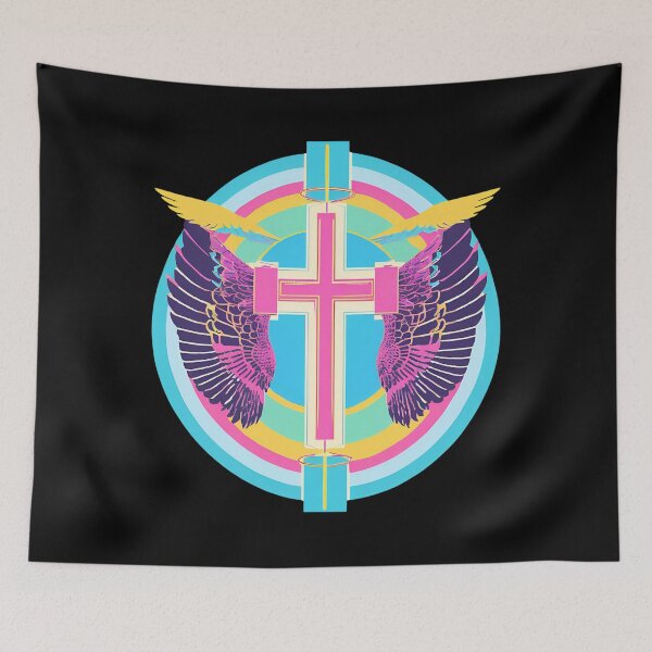 Item preview, Cool Surrealist Cross with Wings | Vibrant Synthwave Religious Iconography | Divine Symbolism Design D18 designed and sold by pixelandcrafted.
