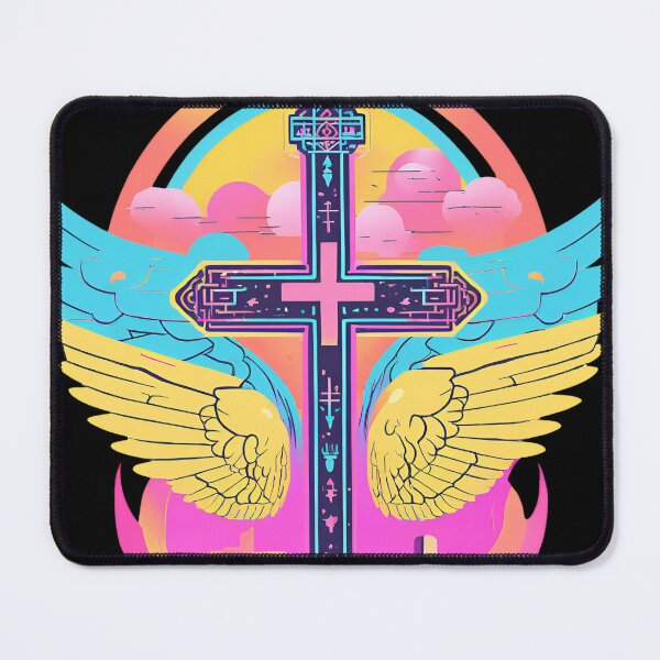 Item preview, Cool Surrealist Cross with Wings | Vibrant Synthwave Religious Iconography | Divine Symbolism Design D19 designed and sold by pixelandcrafted.