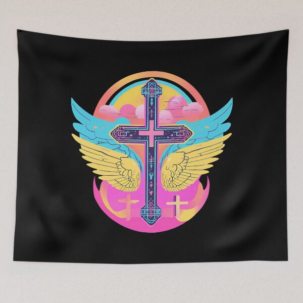 Item preview, Cool Surrealist Cross with Wings | Vibrant Synthwave Religious Iconography | Divine Symbolism Design D19 designed and sold by pixelandcrafted.