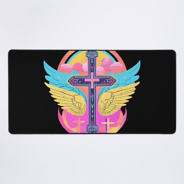 Item preview, Cool Surrealist Cross with Wings | Vibrant Synthwave Religious Iconography | Divine Symbolism Design D19 designed and sold by pixelandcrafted.