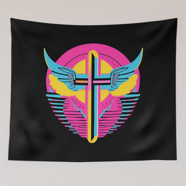 Item preview, Cool Surrealist Cross with Wings | Vibrant Synthwave Religious Iconography | Divine Symbolism Design D20 designed and sold by pixelandcrafted.