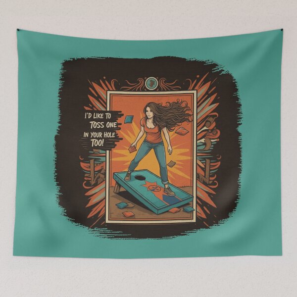 Item preview, Woman playing Cornhole "In your hole TOO!" blue designed and sold by JLEmporium.