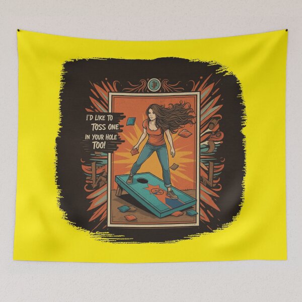Item preview, Woman Playing Cornhole "In Your Hole TOO!" - Yellow designed and sold by JLEmporium.
