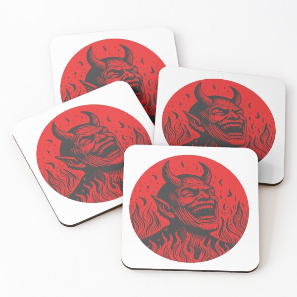 Item preview, Wood-cut Laughing Devil in red round circle - pure evil and cool! designed and sold by PIXEL POP DESIGNS - Beyond the Norm!.