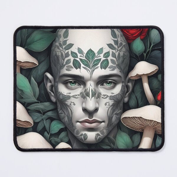 Item preview, White bold man face Botanical art with funghi and red roses designed and sold by EmeraldeaArt.