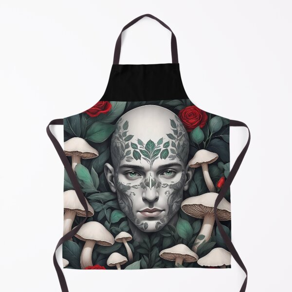 Item preview, White bold man face Botanical art with funghi and red roses designed and sold by EmeraldeaArt.