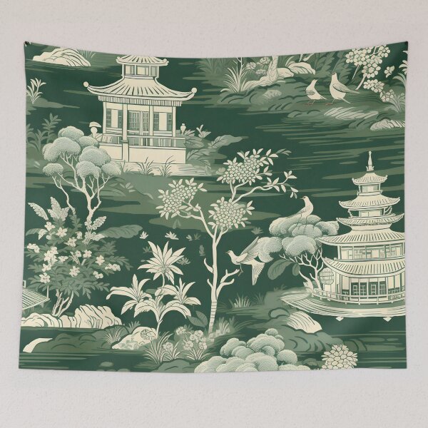 Item preview, Forest Green Pagoda Landscape Chinoiserie designed and sold by TheChinoiserie.