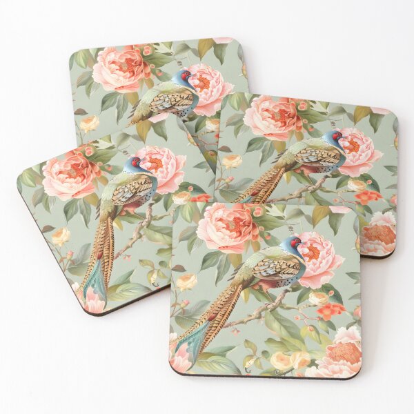 Item preview, Peach Floral Pheasant Chinoiserie Chintz designed and sold by TheChinoiserie.