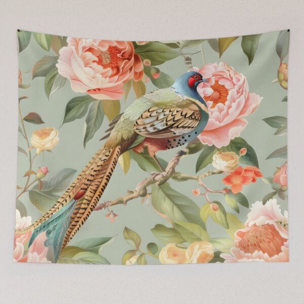 Item preview, Peach Floral Pheasant Chinoiserie Chintz designed and sold by TheChinoiserie.