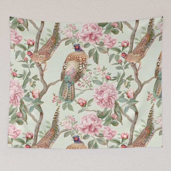 Item preview, Pastel Pink and Mint Pheasant Chinoiserie Chintz designed and sold by TheChinoiserie.