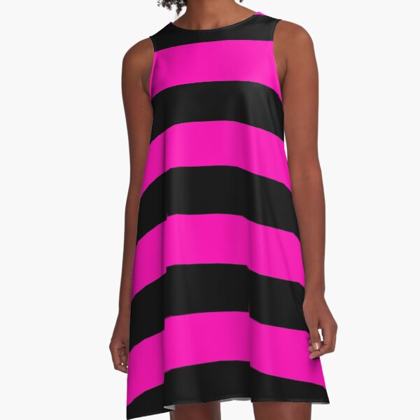Bright Hot Neon Pink and Black Cabana Tent Stripes A-Line Dress