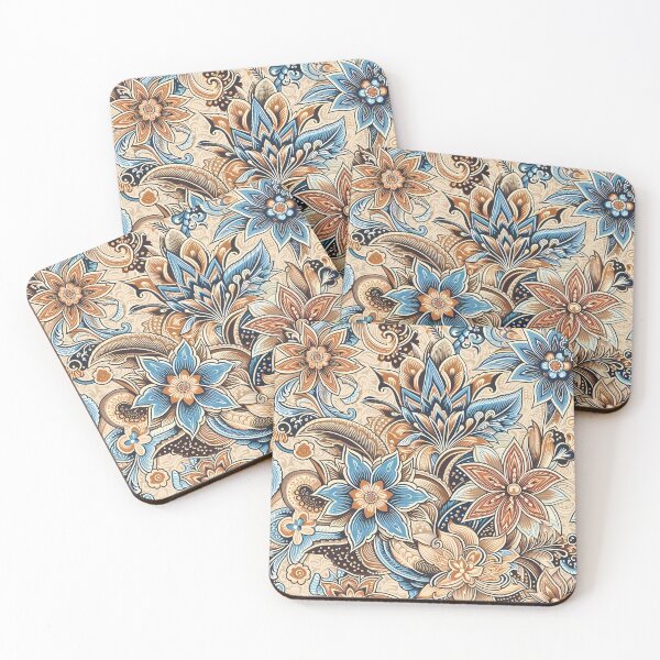 Item preview, Traditional Batik Blue Brown Floral Pattern Malaysia Indonesia  designed and sold by artColourized.