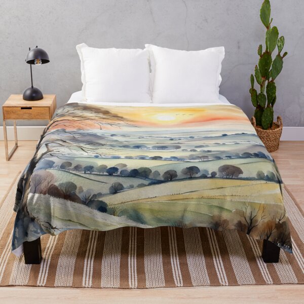 Artikelvorschau, Land Sonnenuntergang Landschaft Winter Aquarell Malerei entworfen und verkauft von MeadowFarmPrint.