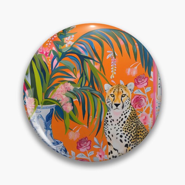 Item preview, Grandmillennial art, Cheetah in orange chinoiserie interior designed and sold by SophieClimaArt.
