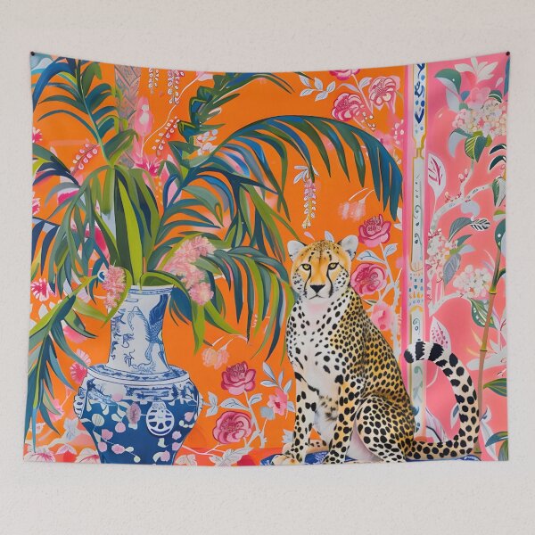 Item preview, Grandmillennial art, Cheetah in orange chinoiserie interior designed and sold by SophieClimaArt.