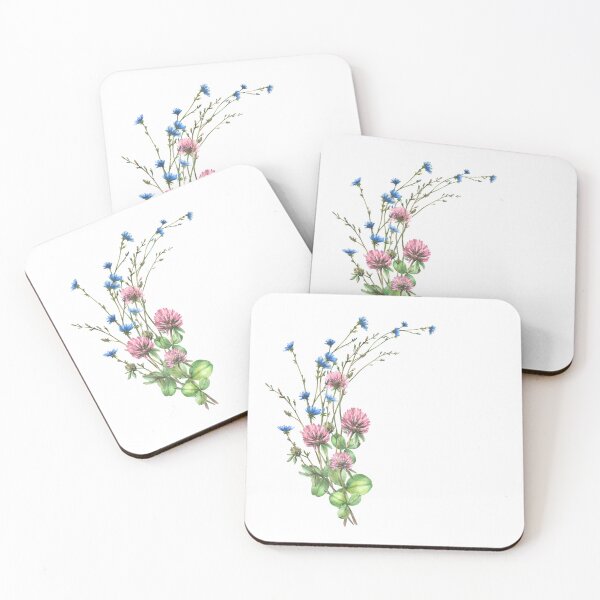 Item preview, Pink clover and blue chicory. Bouquet of watercolor wild flowers and leaves.  designed and sold by BartolArt.