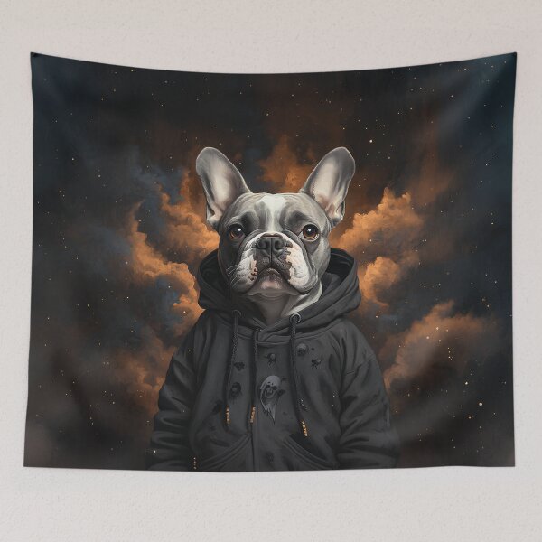 Aperçu de l'œuvre French Bulldog in Dark Cloak, Airbrushed Streetwear Graphic with Outer Space Vibes créée et vendue par ZloppyDesign.