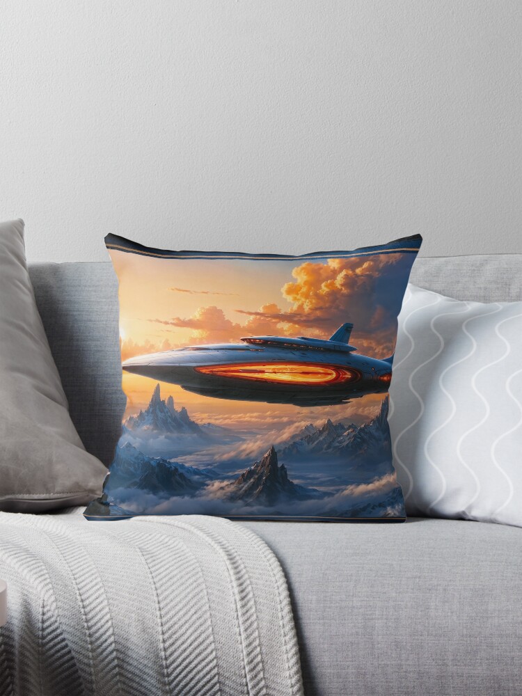 Spaceship Soars Over Alien Snow-Capped Mountains At Sunset AI Concept Art by Xzendor7 - A Striking Vision Of Natural Beauty 4 Spaceship Soars Over Alien Snow-Capped Mountains At Sunset Mesmerizing AI Concept Art by Xzendor7 Decorative Art Print Throw Pillow
