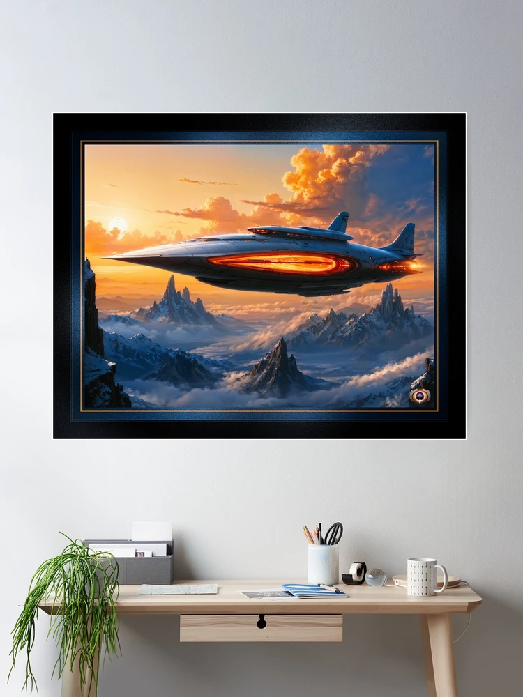 Spaceship Soars Over Alien Snow-Capped Mountains At Sunset AI Concept Art by Xzendor7 - A Striking Vision Of Natural Beauty 2 Spaceship Soars Over Alien Snow-Capped Mountains At Sunset Mesmerizing AI Concept Art by Xzendor7 Wall Decor Poster Art Print