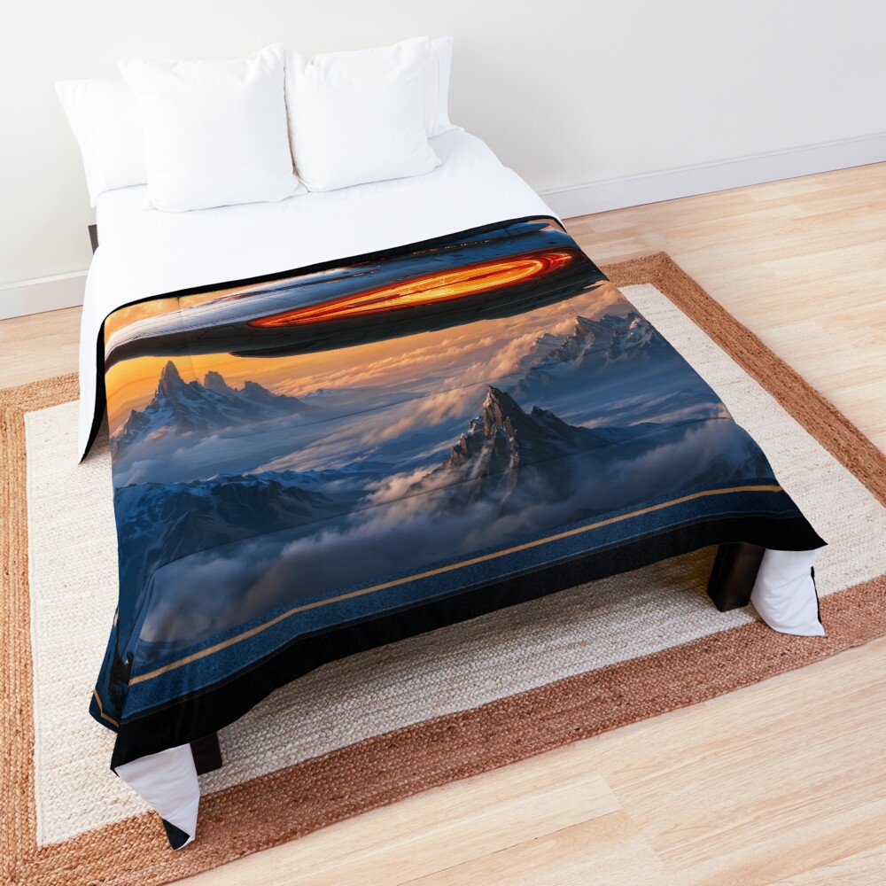 Spaceship Soars Over Alien Snow-Capped Mountains At Sunset AI Concept Art by Xzendor7 - A Striking Vision Of Natural Beauty 3 Spaceship Soars Over Alien Snow-Capped Mountains At Sunset Mesmerizing AI Concept Art by Xzendor7 Decorative Art Print Comforter