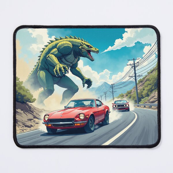 Item preview, Race Cars Drifting Past a Giant Lizard Kaiju - Car Culture designed and sold by Design Raptor.